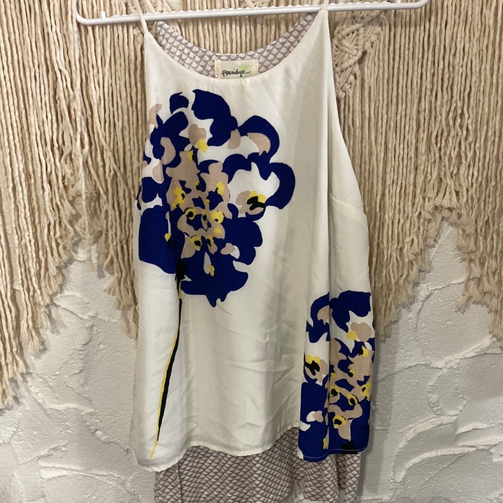 Anthro Parker Floral Print Sleeveless Blouse in White and Blue